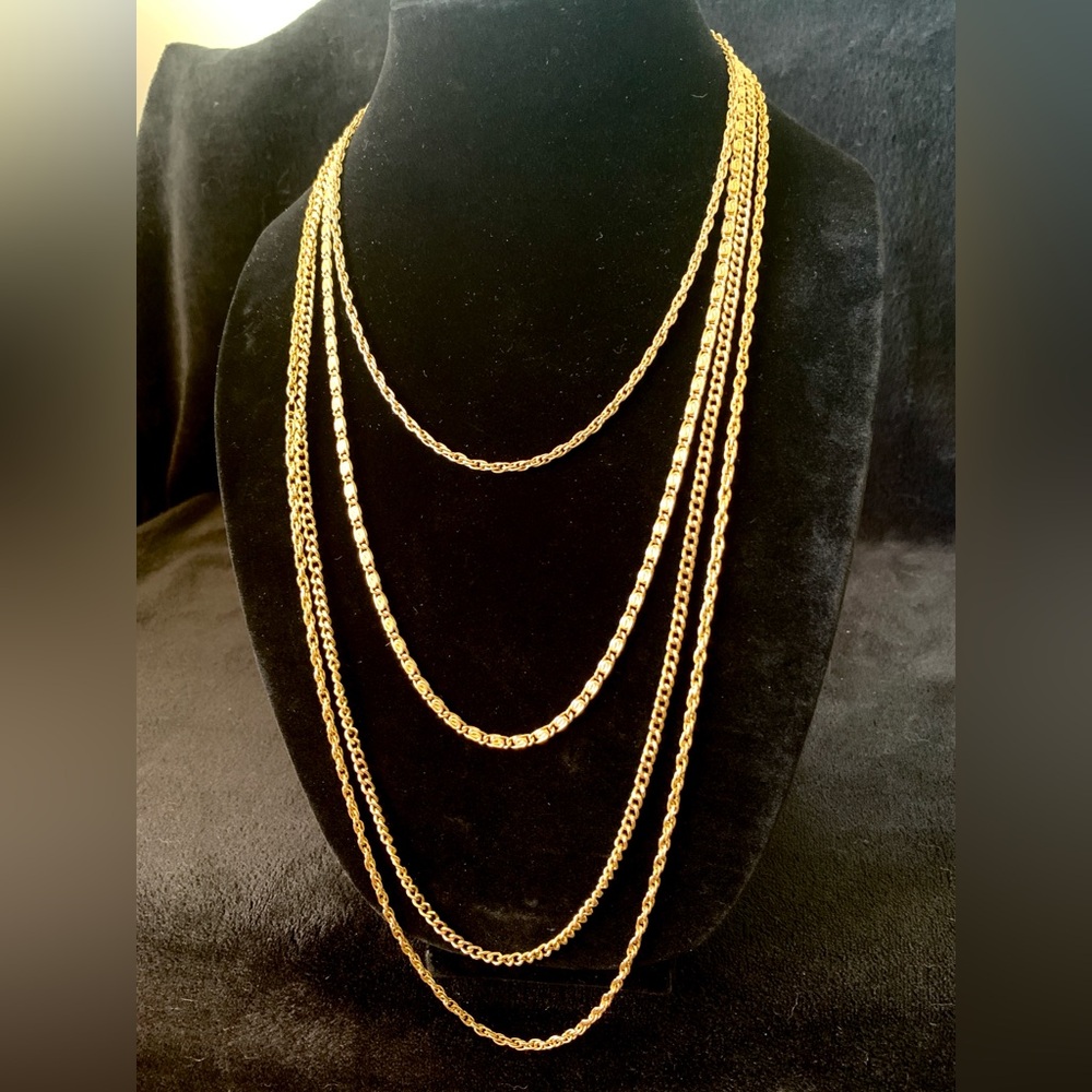 Goldette NY Signed Necklace 4 Strand Chain Layered Goldtone Bow Clasp Vintage